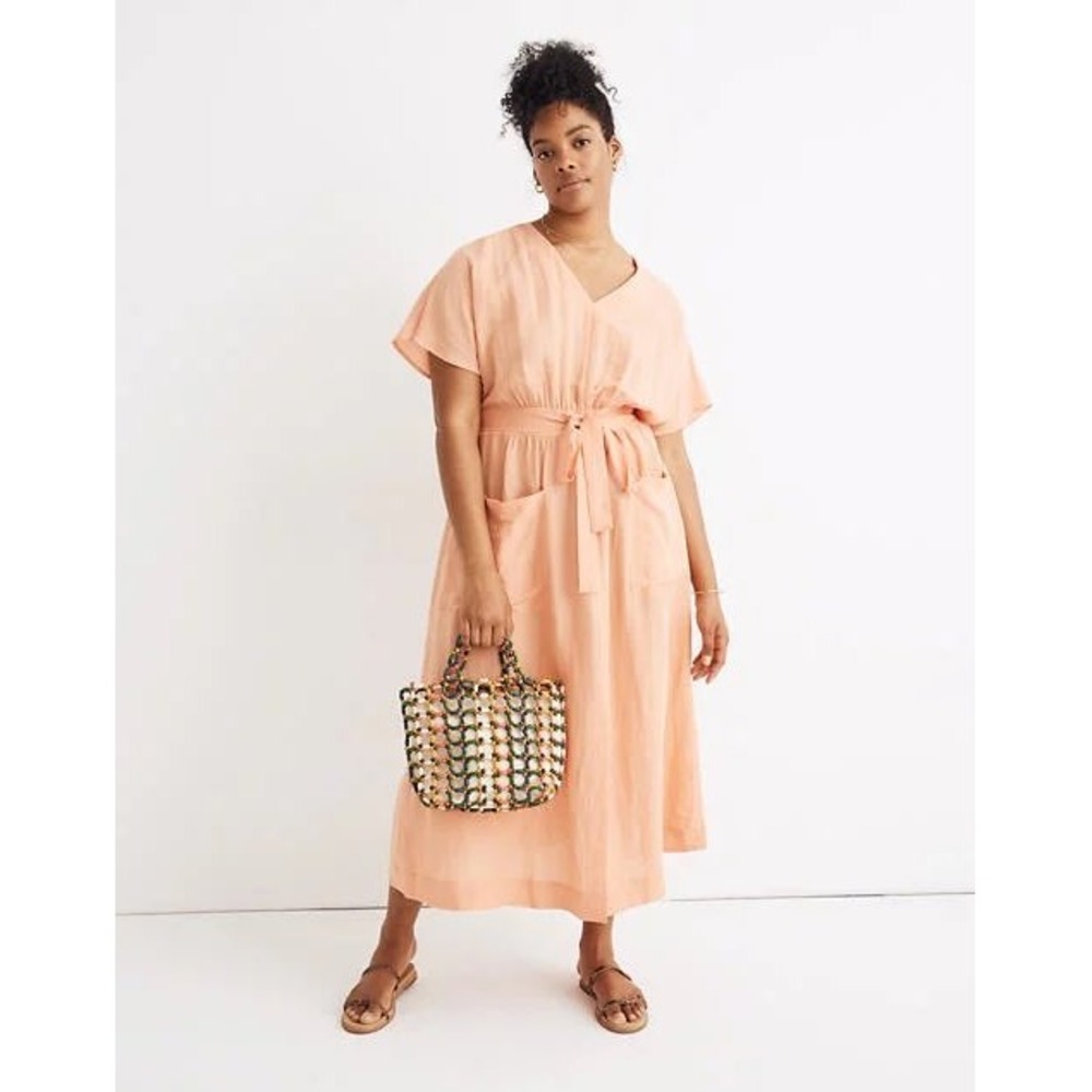 Madewell Peach Viscose Linen V-Neck Kimono Sleeve Midi Dress Size 18